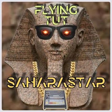 Ancient Egyptian statue with modern sunglasses and glowing eyes.