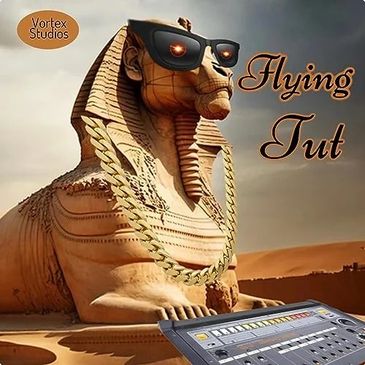 Sphinx statue with sunglasses and gold chain in desert.