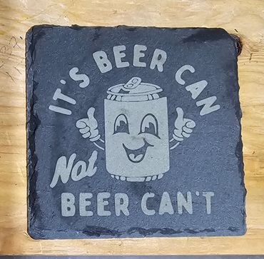 A slate coaster with a cheerful beer can illustration and a pun about beer.