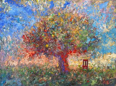 Red Chair appears in many of my abstract tree paintings. 8x10" oil sold