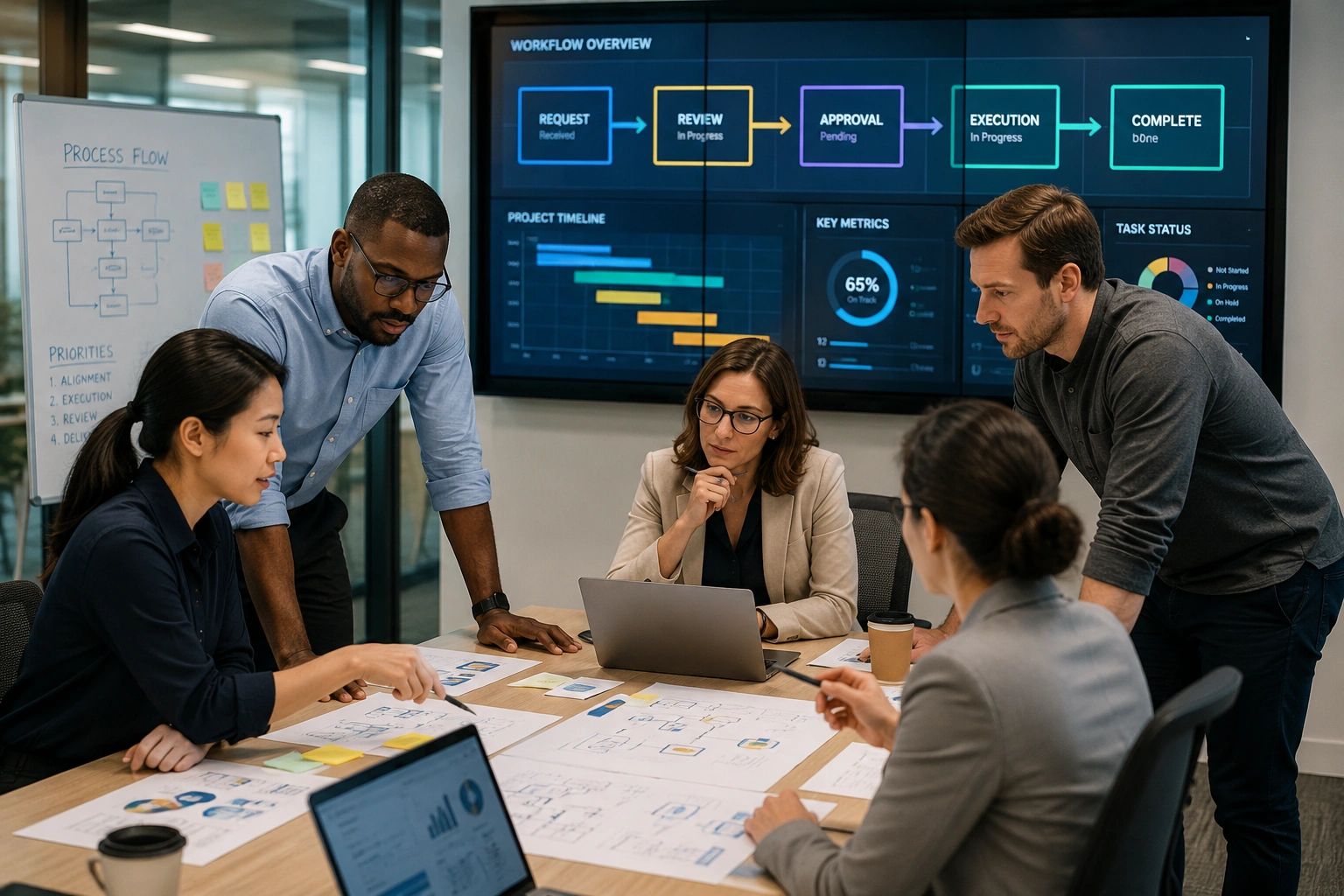 A team working to ensure the project stays on task.