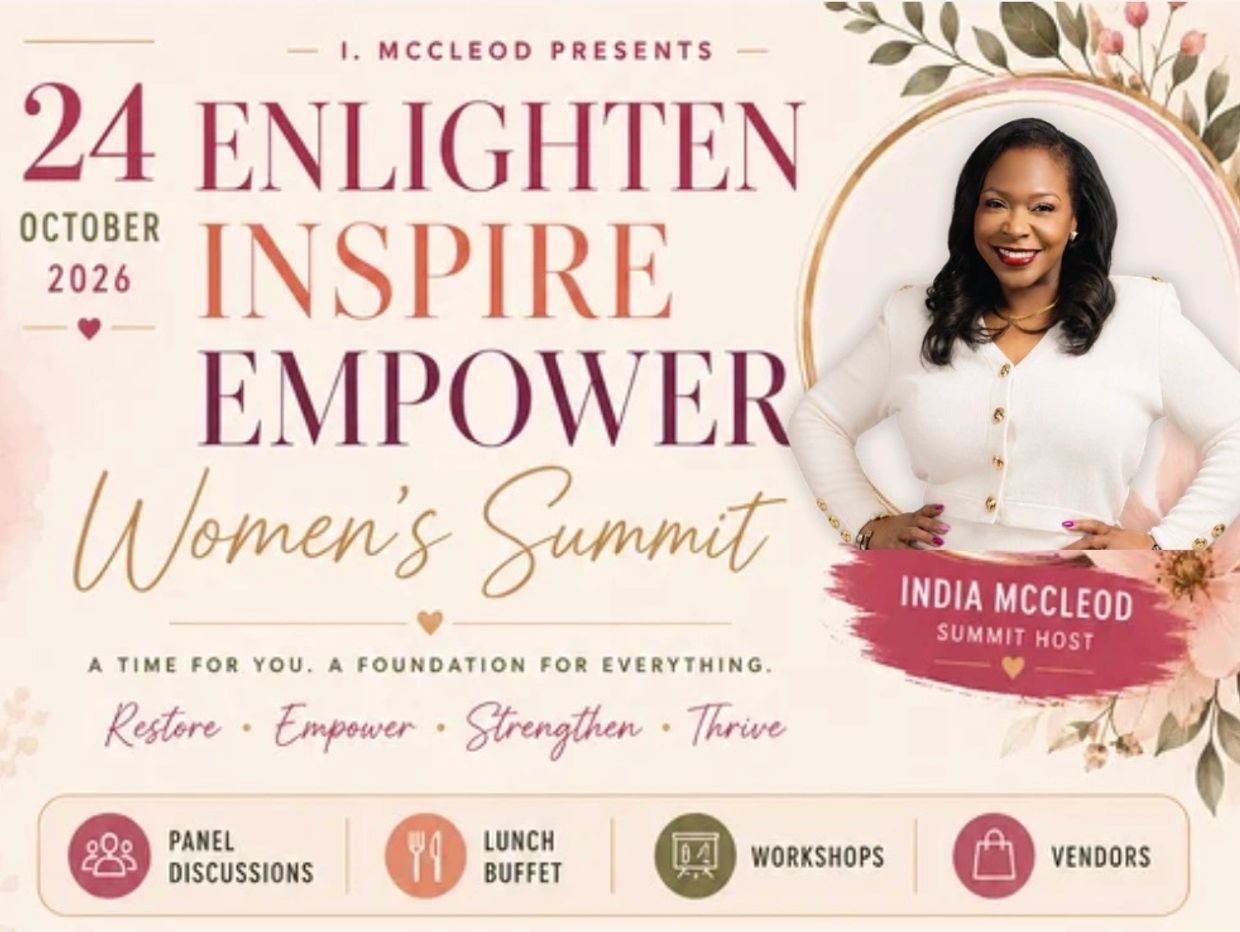 October 24, 2026, Women's Summit hosted by India McCleod with panels, lunch, workshops, and vendors.