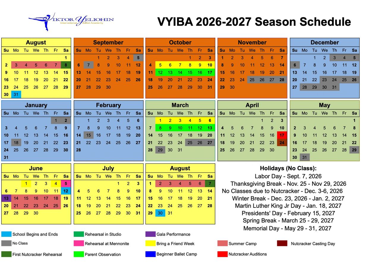 VYIBA 2026-2027 season schedule with color-coded ballet events and holidays.