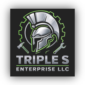 Metallic Spartan helmet logo with tools for Triple S Enterprise LLC.