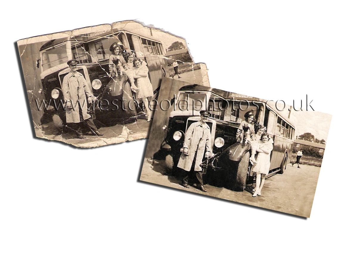 old damaged black and white photograph of an old bus thats been restored.