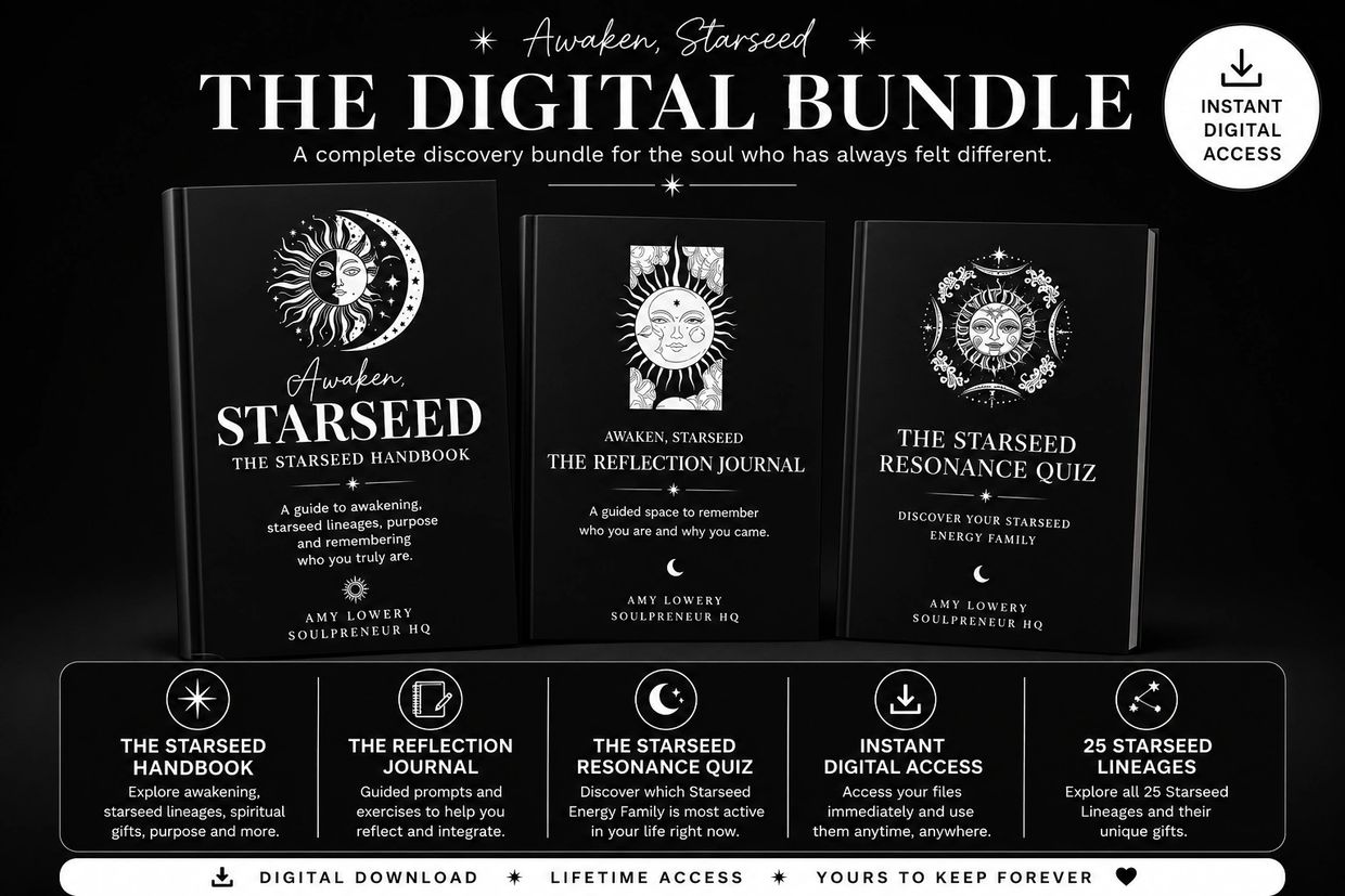 Digital bundle for Starseed awakening with handbook, journal, quiz, and lifetime access.
