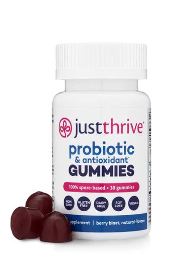 Just Thrive probiotic gummies product bottle with 30 gummies for gut health.