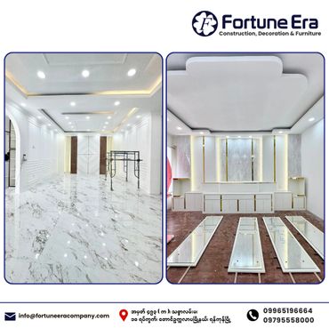 Modern white-themed interior with marble flooring and recessed lighting.