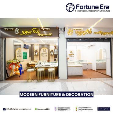 Modern furniture store interior with elegant lighting and display counters.