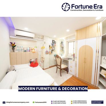 Bright, modern bedroom with stylish furniture and cozy decorations.