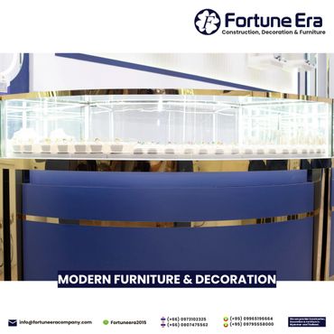 Modern blue and gold display counter for furniture and decoration.