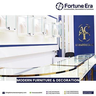 Modern jewelry display furniture by Fortune Era with glass and gold accents.