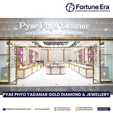 Bright and elegant Pyae Phyo Yadanar jewellery store interior with gold and diamond displays.
