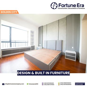Modern bedroom furniture design with gray tones and wooden flooring.