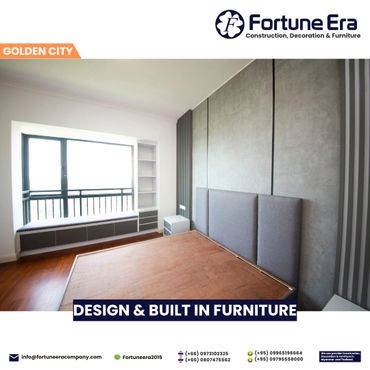 Modern bedroom design with custom-built furniture by Fortune Era.