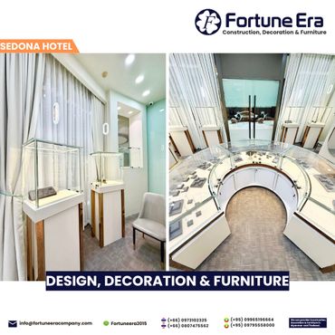 Modern jewelry display cases inside Sedona Hotel by Fortune Era.