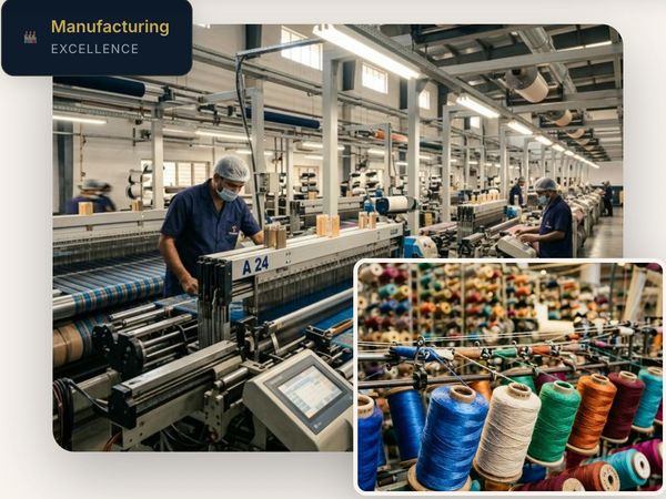 Workers operate textile machinery in a manufacturing facility producing colorful threads.