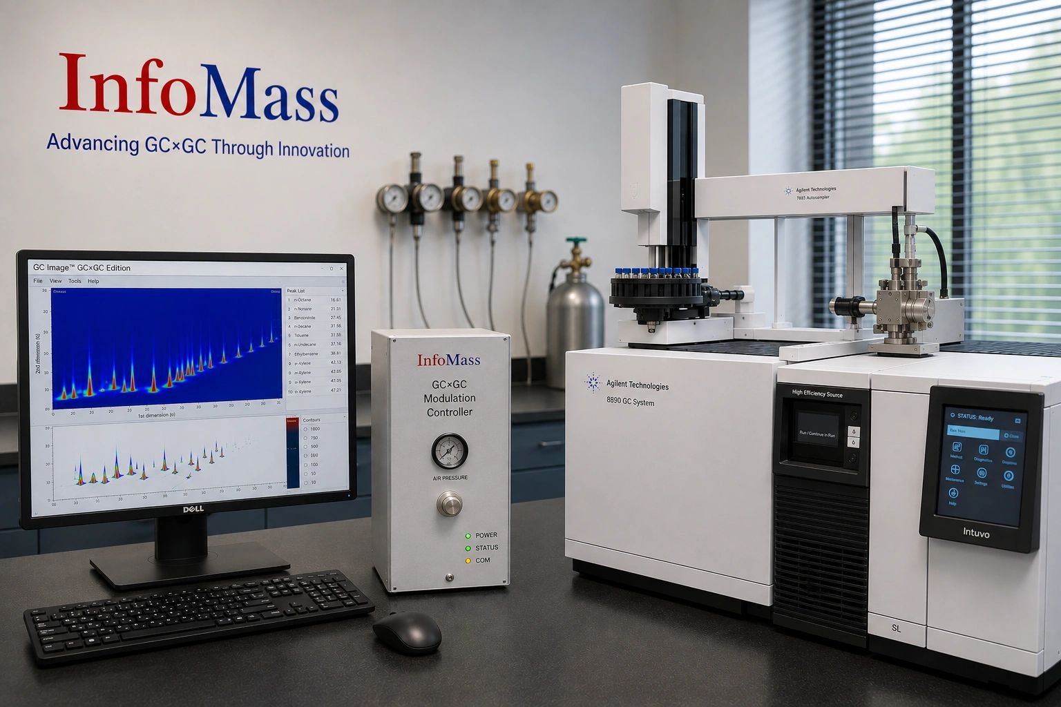 Laboratory setup with InfoMass GC×GC system and data analysis on monitor.