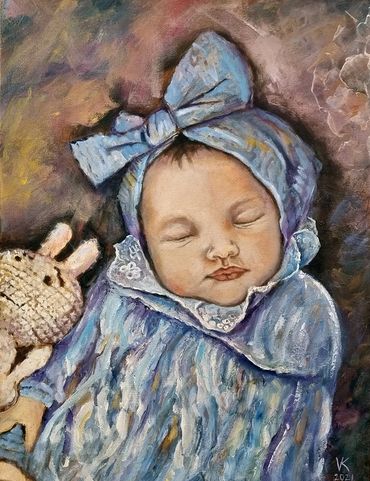 Painting of a peaceful sleeping baby in a blue outfit with a bow.
