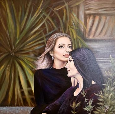 Painting of two women with contrasting hair colors amidst greenery.