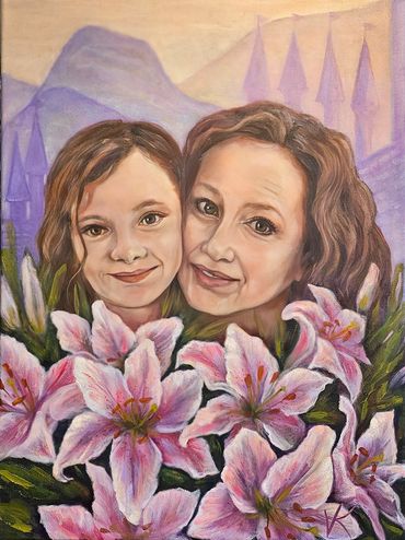 Portrait of a woman and girl surrounded by pink lilies and mountains.