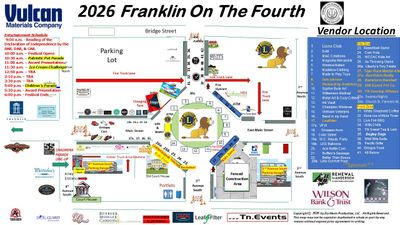 Map of 2026 Franklin On The Fourth event with vendor locations and schedule.