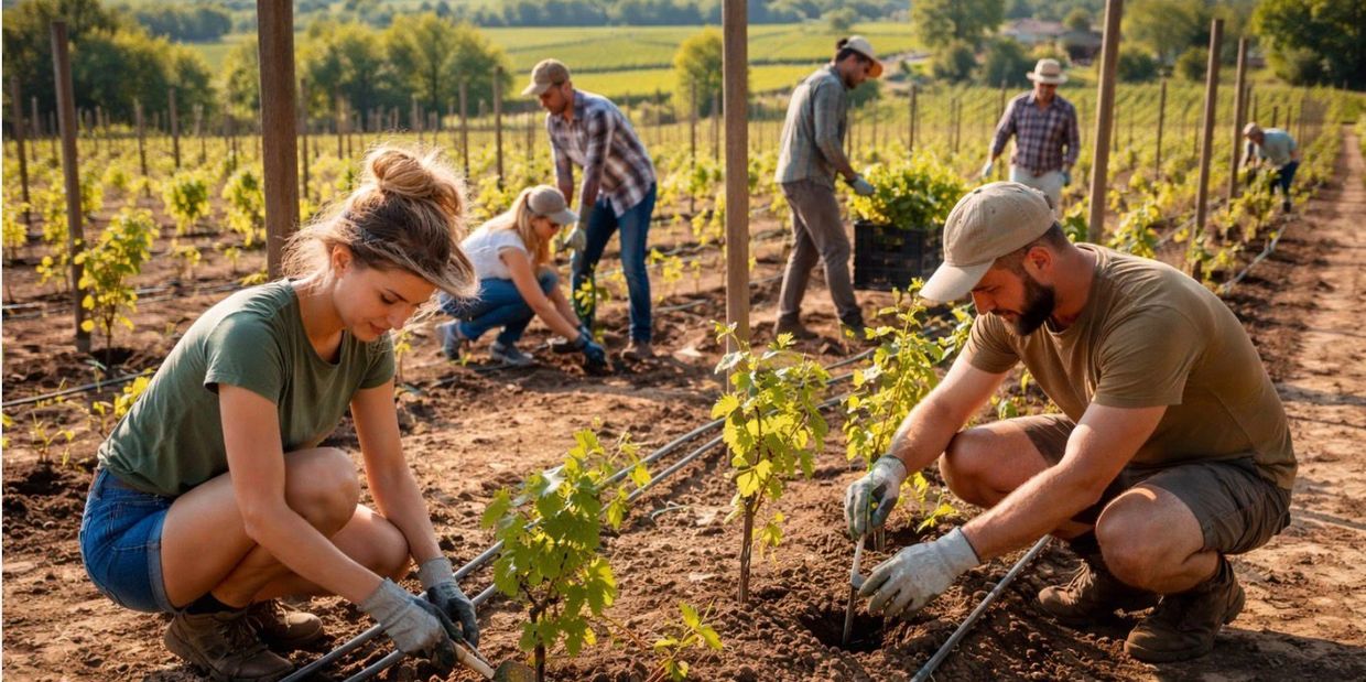 People planting young plants in a vineyard under sunny weather.