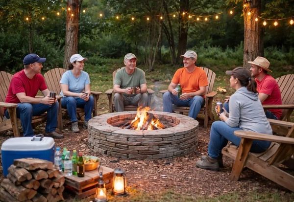 Group of friends enjoying drinks around a campfire in the woods.