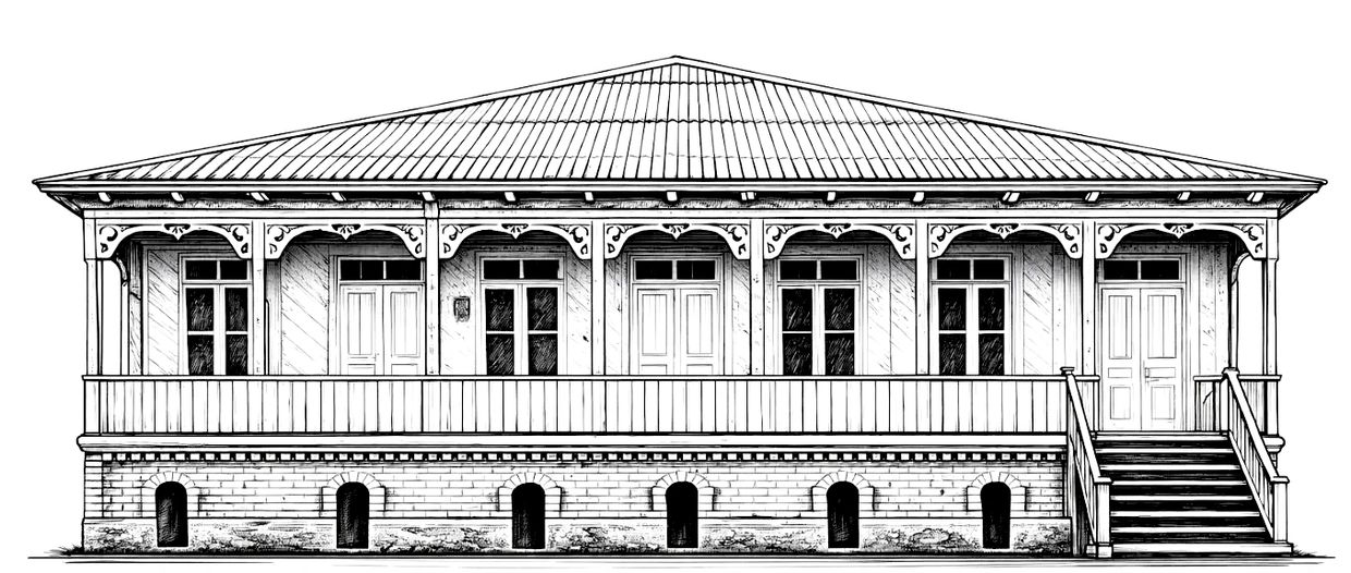 Black and white architectural sketch of a vintage house with a porch and stairs.