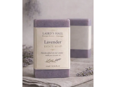 Lavender estate soap bar with elegant label and natural lavender sprigs.