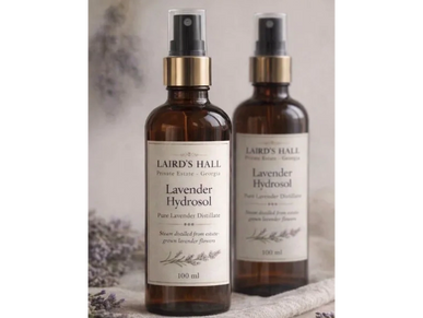 Two bottles of Laird's Hall Lavender Hydrosol with a soft background.