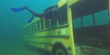 A diver checking out the newest school bus at gilboa quarry in Ottawa ohio