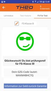 Prüfungsreife für Führerschein FS-Klasse B bestätigt.