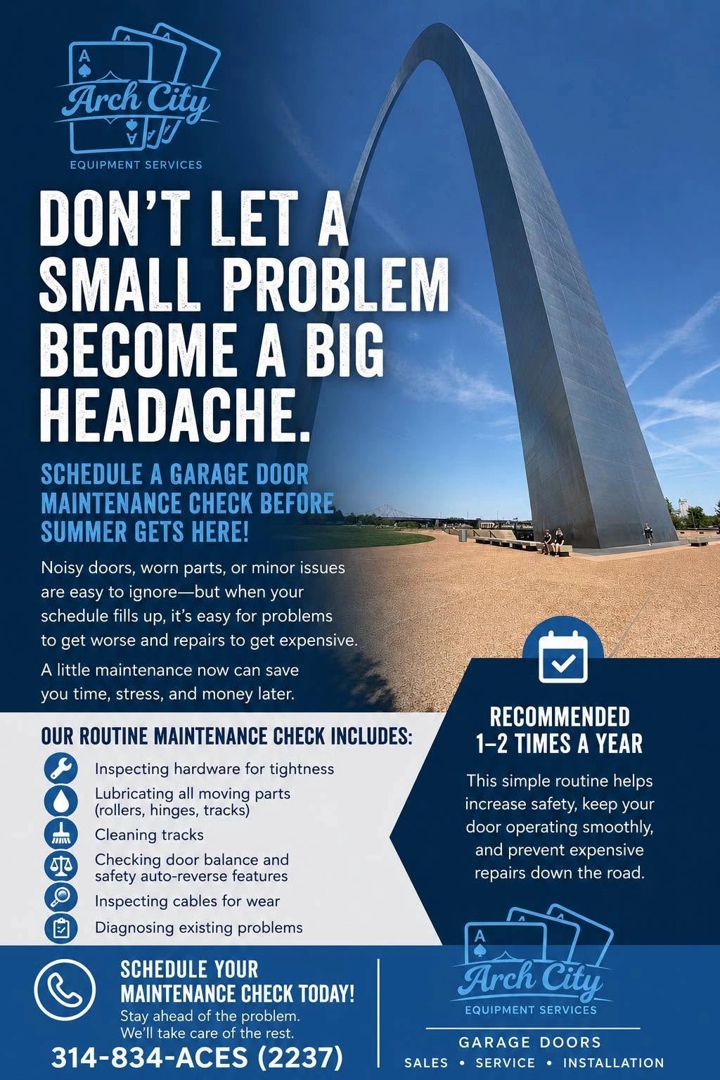 Garage door maintenance service ad with routine check details and contact number.