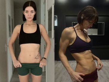 Before and after photos showing a woman's fitness transformation.