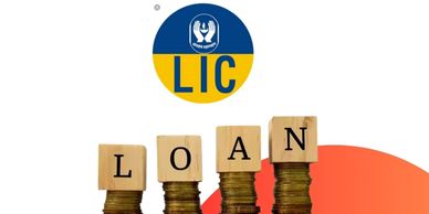 LIC logo with wooden blocks spelling LOAN on coin stacks.