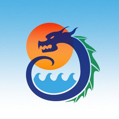 Logo of a sea dragon with an orange sun and blue waves.