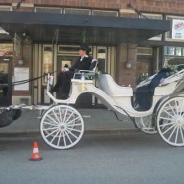 A white carriage being drawn by a team of two Clydesdale horses (not pictured).