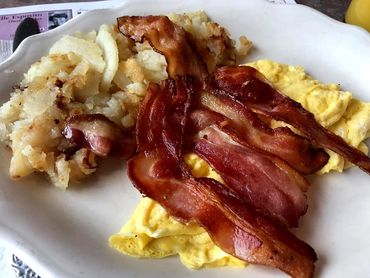 Scrambled Eggs with Bacon and Home Fries at the Raceway Diner