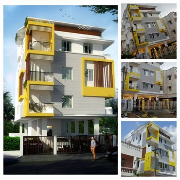 Modern multi-story residential building with yellow accents and balconies.