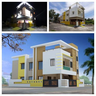 Three views of a modern three-story house with yellow and white exterior.