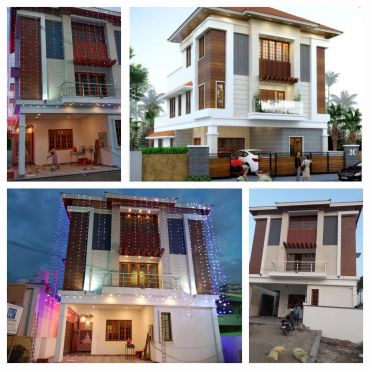 Four modern houses with distinct architectural styles and features.