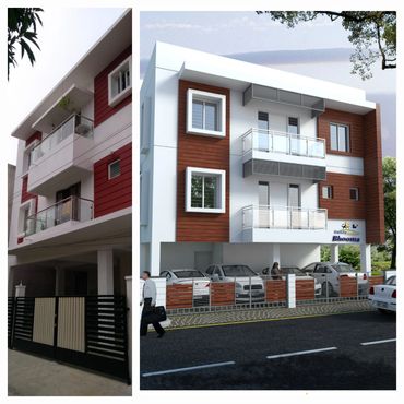Modern residential buildings with balconies and parking spaces.