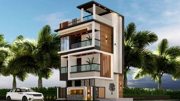 Modern three-story house with balconies and a white car parked outside.