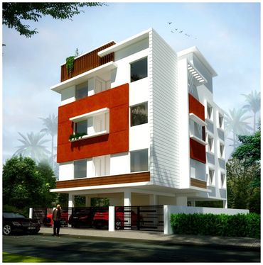 Modern white and brown apartment building with parking and greenery.