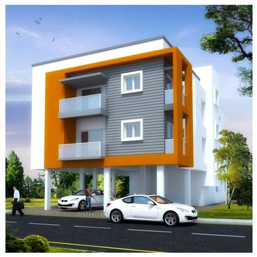 Modern house with orange accents and parked white cars.