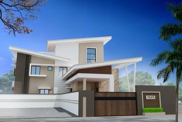 Modern two-story house with unique slanted roofs and a wooden gate under a clear blue sky.