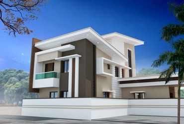 Modern two-story house with clean lines and a mix of beige, white, and brown tones.