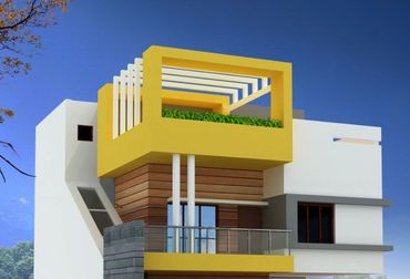 Modern two-story house with yellow accents and rooftop garden under a clear blue sky.