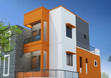 Modern three-story house with orange, white, and gray exterior under a clear blue sky.